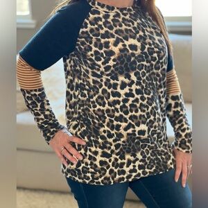 Lovely Melody Animal Print Long Sleeve Top with Tan Stripes new